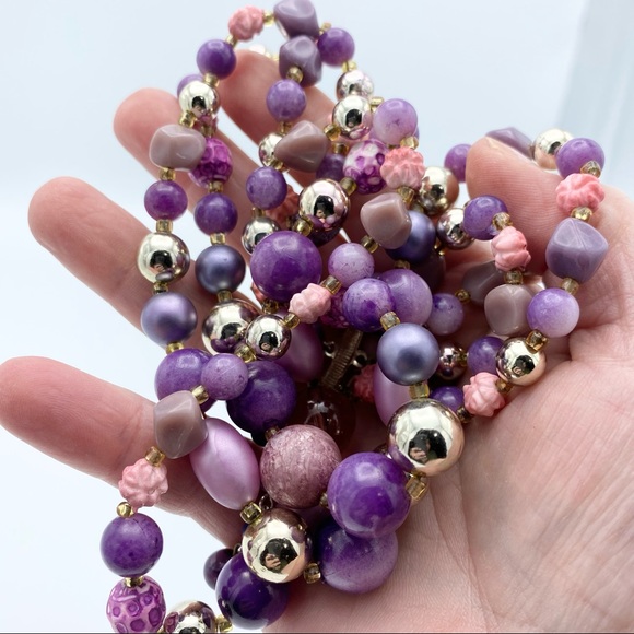Vintage Purple Silver Tone Flower Beaded Multi Strand Collar Statement Necklace - Picture 6 of 11